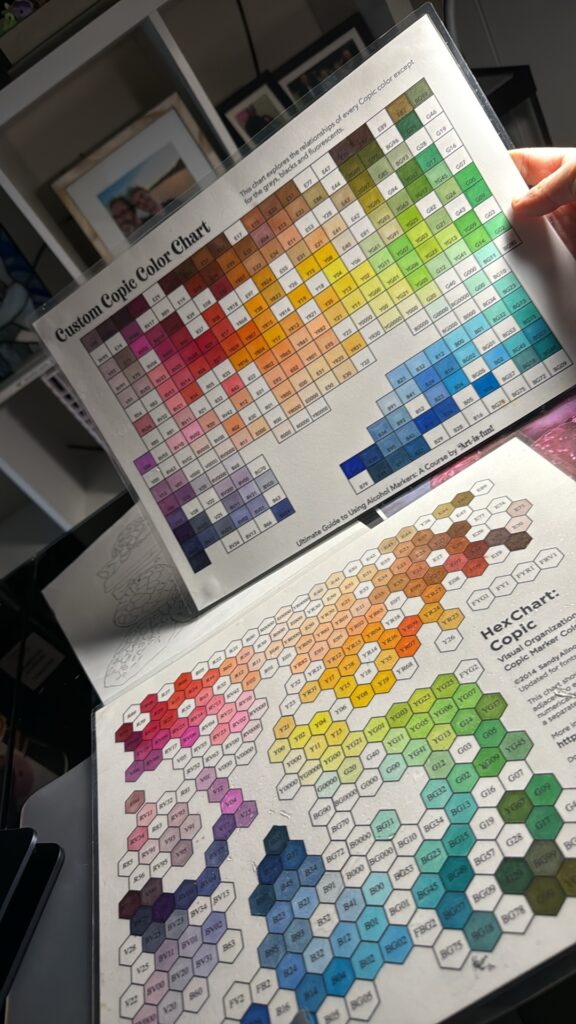 A color chart and swatch sheet for copic and ohuhu markers side by side.