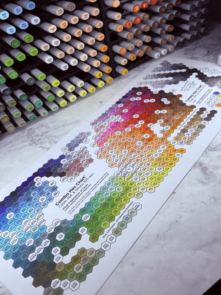 A color chart filled in with alcohol markers on a white desk.